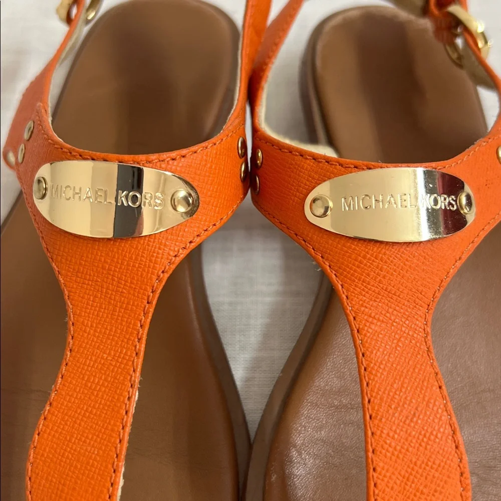 🌞 Michael Kors T-Strap Sandals in Tangerine with Gold Plate women 6.5